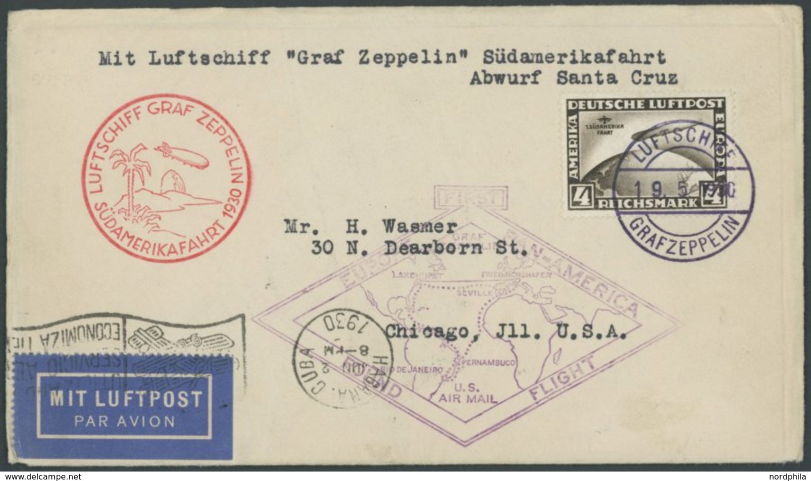 ZEPPELINPOST 57B BRIEF, 1930, Südamerikafahrt, Friedrichshafen-Praia, Versehentlich über Cuba Befördert, Weiterleitung N - Airmail & Zeppelin