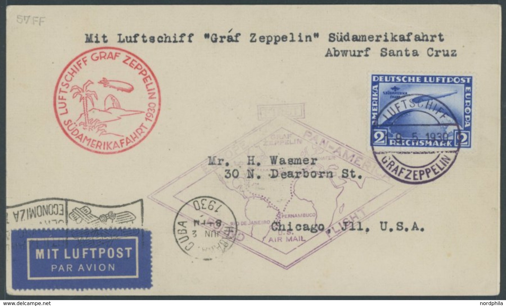 ZEPPELINPOST 57B BRIEF, 1930, Südamerikafahrt, Friedrichshafen-Praia, Versehentlich über Cuba Befördert, Weiterleitung N - Poste Aérienne & Zeppelin