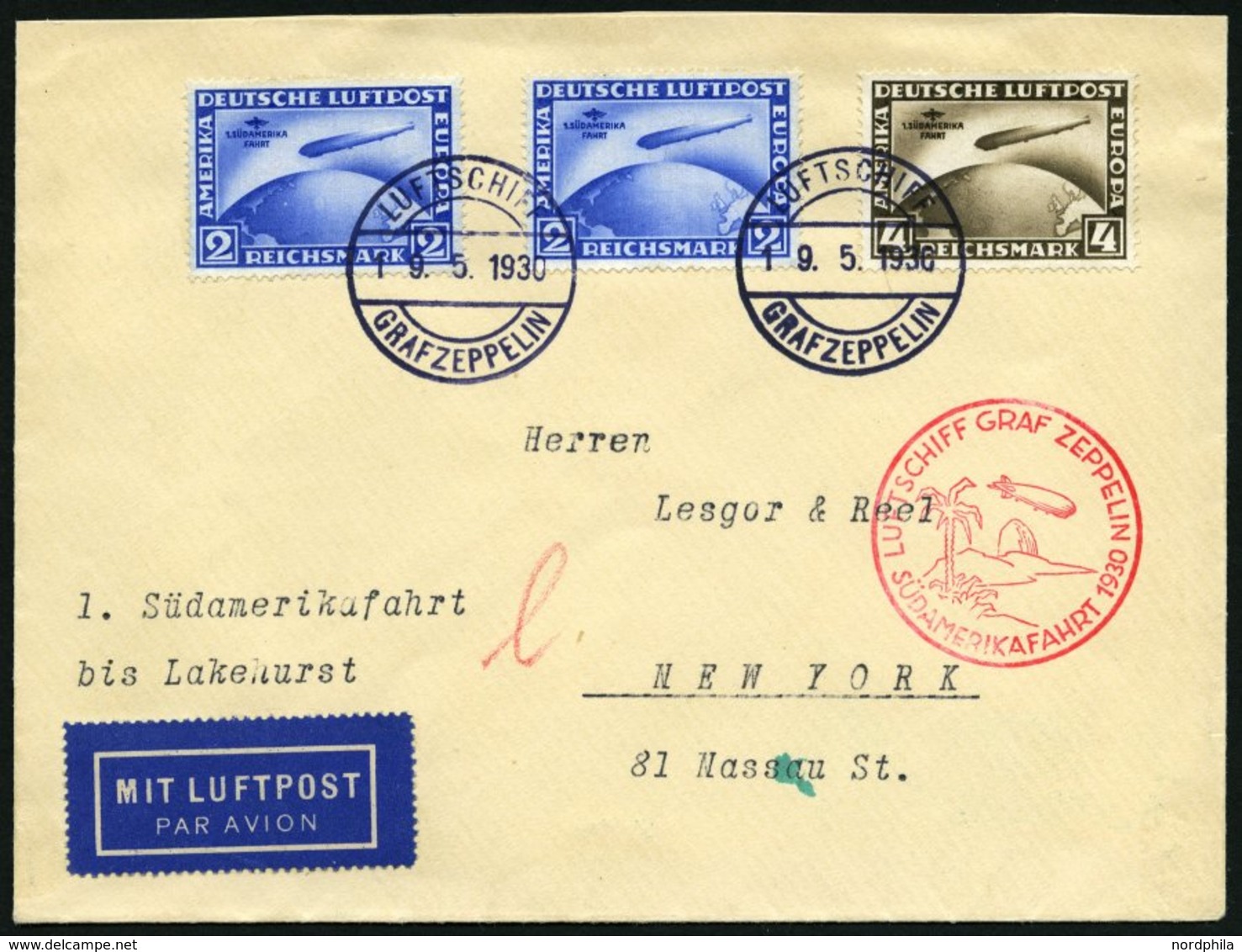 ZEPPELINPOST 57F BRIEF, 1930, Südamerikafahrt, Bordpost, Fr`hafen-Lakehurst, Prachtbrief - Correo Aéreo & Zeppelin