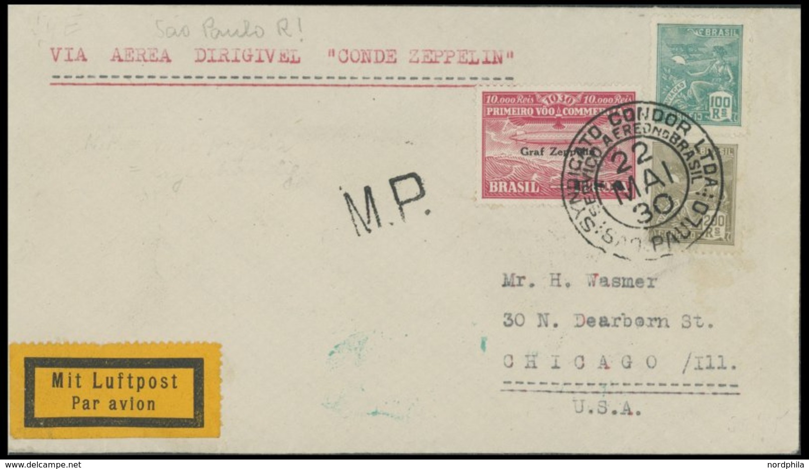 ZEPPELINPOST 59E BRIEF, 1930, Südamerikafahrt, Brasil-Post, Frankiert Mit 10.000 Rs., Aufdruck USA, Prachtbrief - Correo Aéreo & Zeppelin