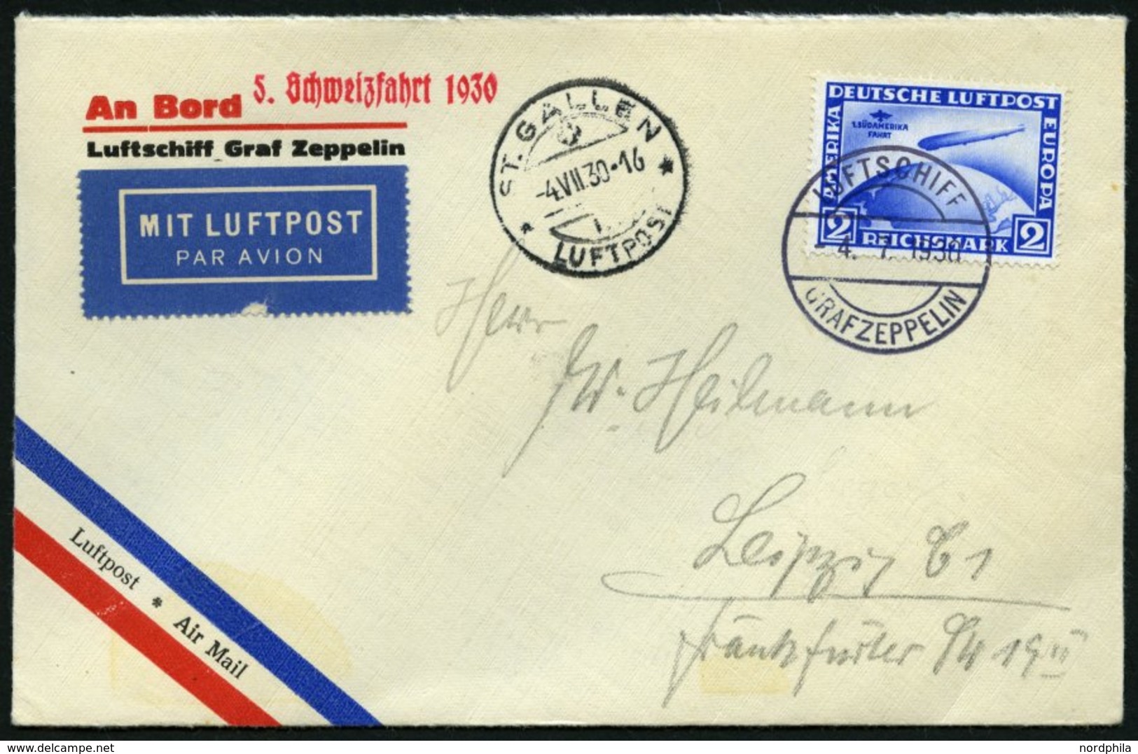 ZEPPELINPOST 71B BRIEF, 1930, Schweizfahrt, Bordpost, Abwurf St. Gallen, Frankiert Mit 2 RM Südamerikafahrt, Prachtbrief - Correo Aéreo & Zeppelin