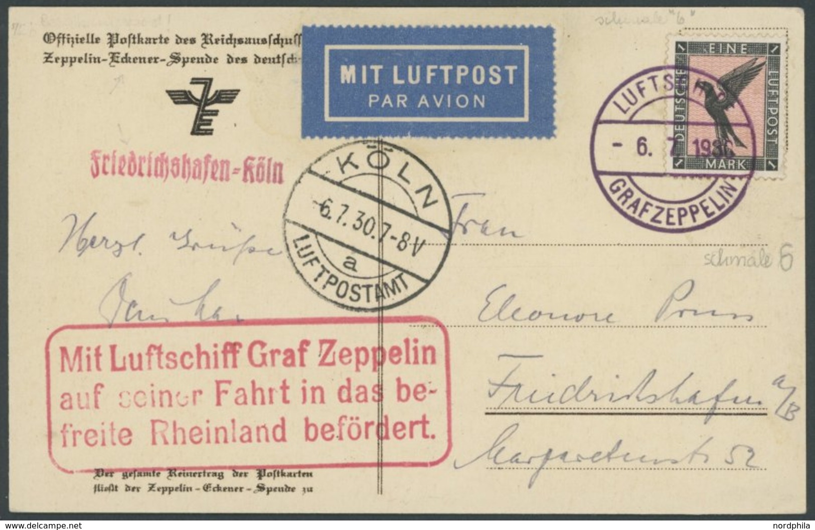 ZEPPELINPOST 72b BRIEF, 1930, Fahrt In Das Befreite Rheinland, Bordpost Nach Köln, Mit Violettem L1 Friedrichshafen-Köln - Airmail & Zeppelin