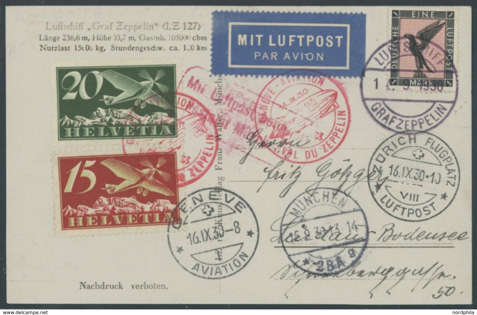 ZEPPELINPOST 86B BRIEF, 1930, Landungsfahrt Nach Genf, Bordpost, Deutsch-schweizerische Frankatur Und Postsonderstempel, - Poste Aérienne & Zeppelin