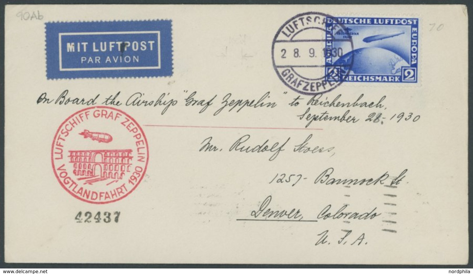 ZEPPELINPOST 90Ab BRIEF, 1930, Vogtlandfahrt, Bordpost Der Hinfahrt, Nach Denver/Colorado, Frankiert Mit 2 RM, Prachtbri - Airmail & Zeppelin