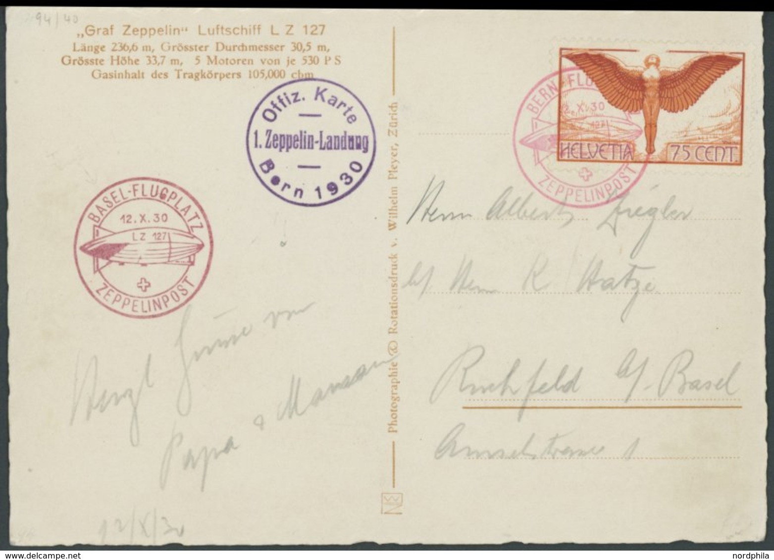 ZEPPELINPOST 94 BRIEF, 1930, Fahrt Bern-Basel, Ankunftsstempel In Braunrot, Prachtkarte - Airmail & Zeppelin