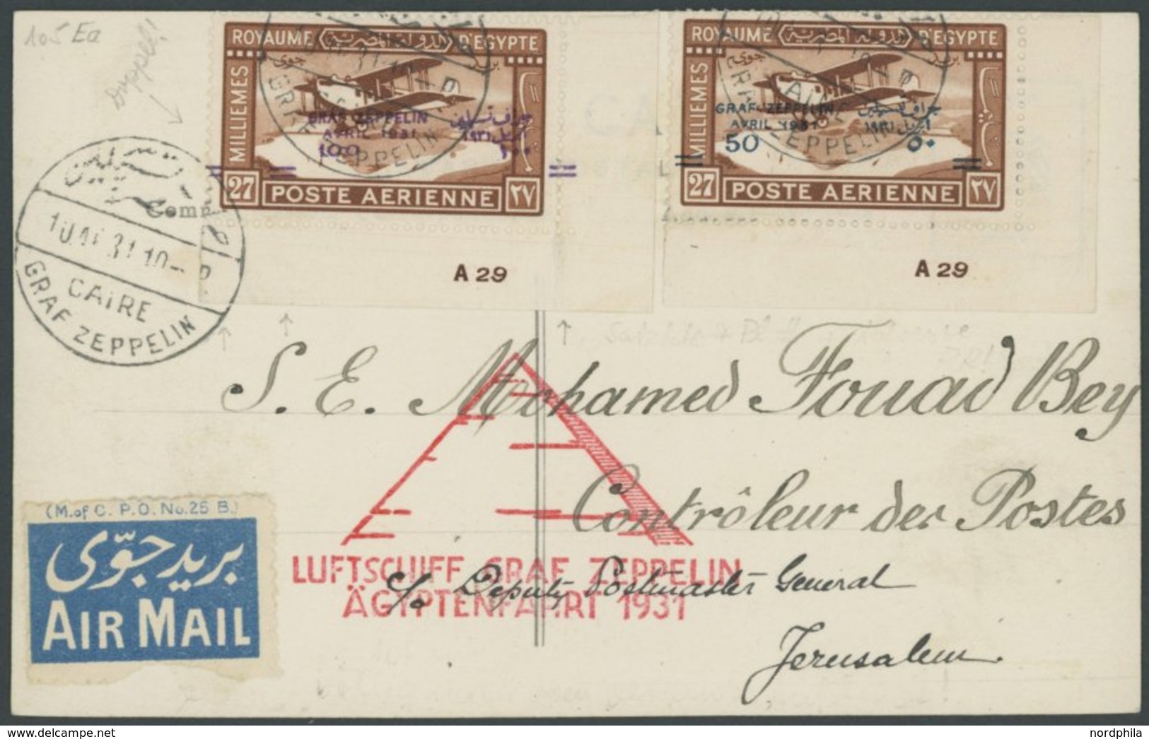 ZEPPELINPOST 105Ea BRIEF, 1931, Ägyptenfahrt, ägyptische Post, Palästina-Rundfahrt, Sonderstempel Kairo, Frankiert Mit 5 - Airmail & Zeppelin