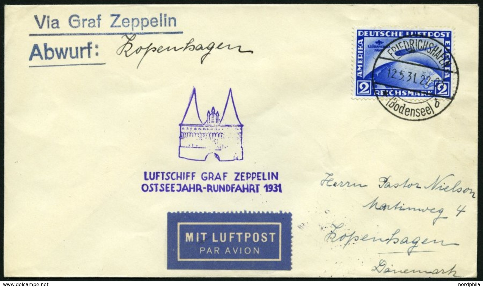 ZEPPELINPOST 108Cb BRIEF, 1931, Ostseejahr-Rundfahrt, Abwurf Kopenhagen, Auflieferung Fr`hafen, Frankiert Mit 2 RM Südam - Airmail & Zeppelin