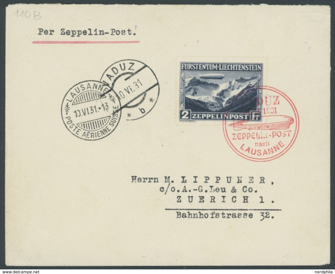 ZEPPELINPOST 110B BRIEF, 1931, Fahrt Nach Vaduz, Frankiert Mit Sondermarke 2 Fr., Prachtbrief - Correo Aéreo & Zeppelin