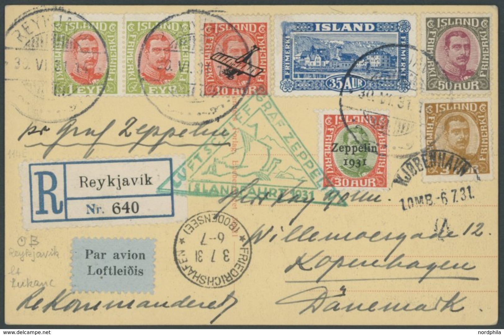 ZEPPELINPOST 114 BRIEF, 1931, Islandfahrt, Isländische Post, Einschreibkarte Mit 30 A. Zeppelinmarke Und Einfacher Zusat - Poste Aérienne & Zeppelin