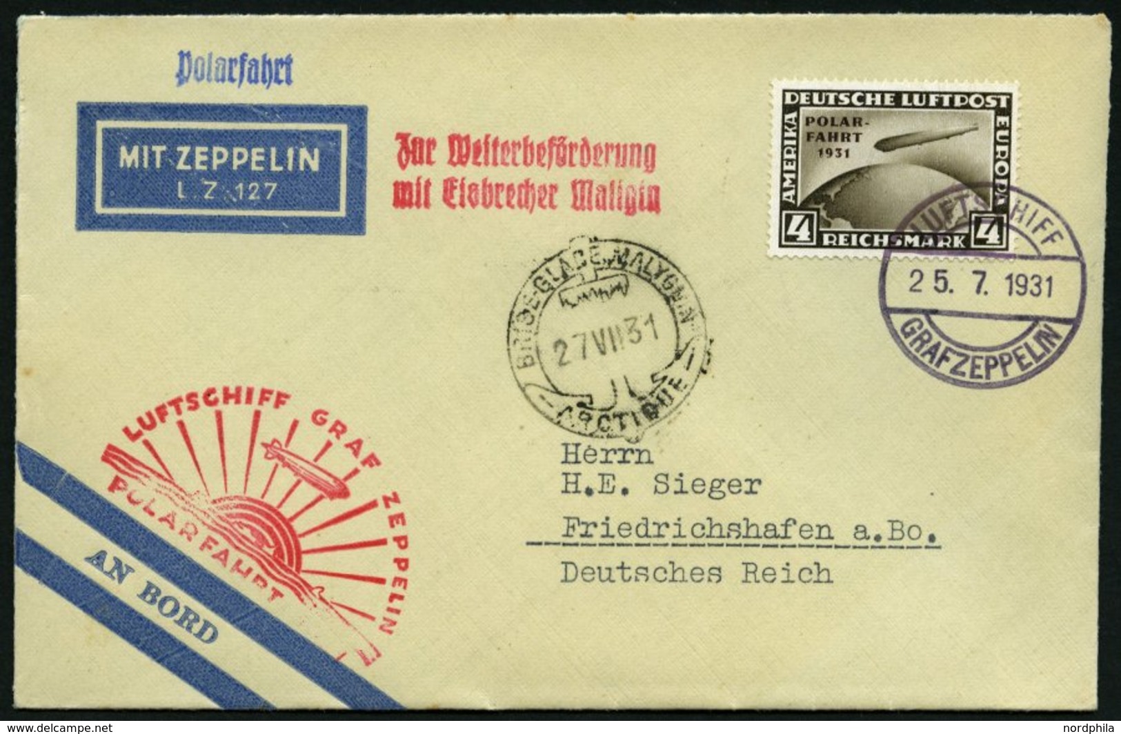 ZEPPELINPOST 119C BRIEF, 1931, Polarfahrt, Bordpost Bis Malygin, Frankiert Mit 4 RM, Prachtbrief - Posta Aerea & Zeppelin