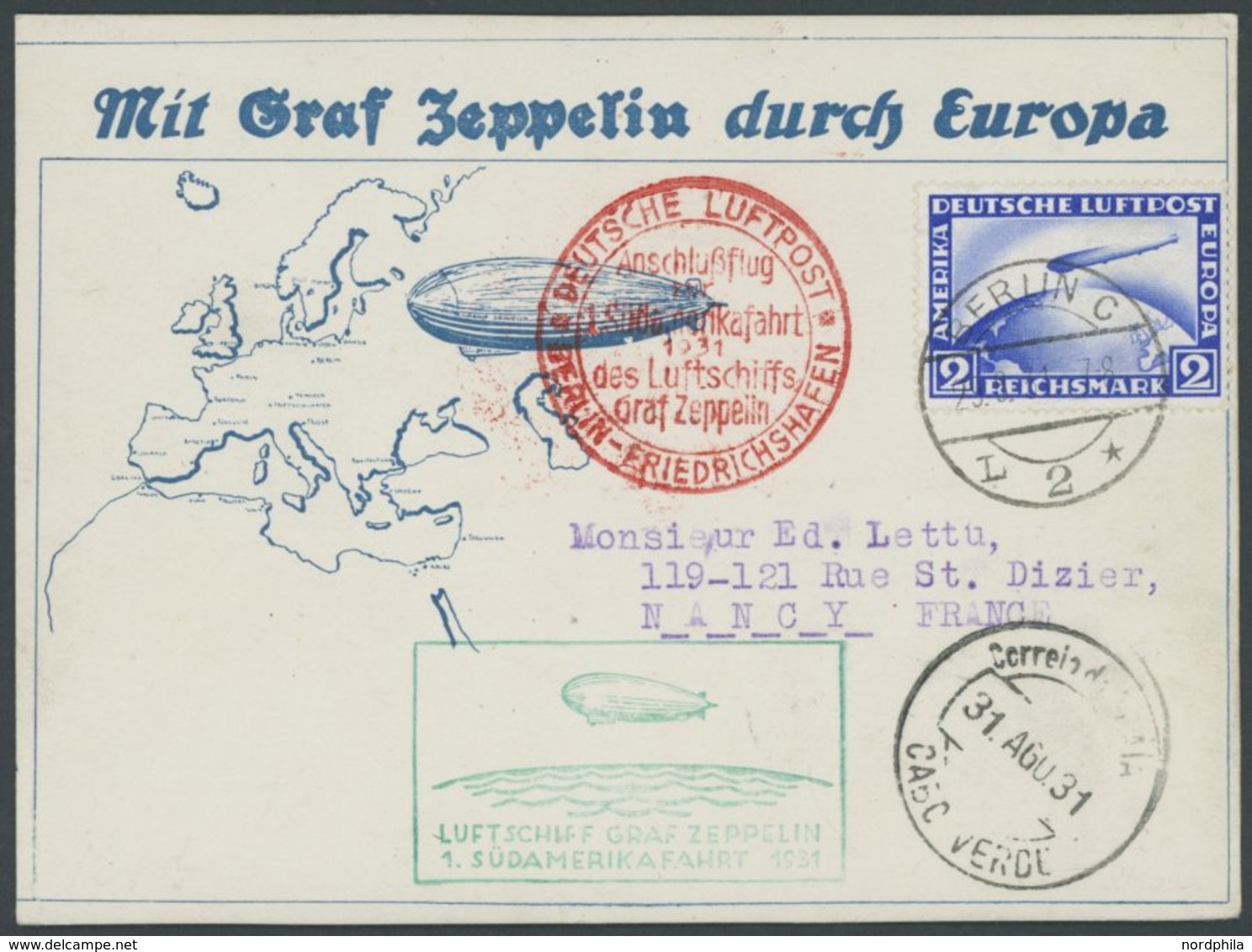 ZEPPELINPOST 124Da BRIEF, 1931, 1. Südamerikafahrt, Anschlußflug Berlin Bis Kap Verde, Von Dort Wegen Adressierung Nach  - Correo Aéreo & Zeppelin