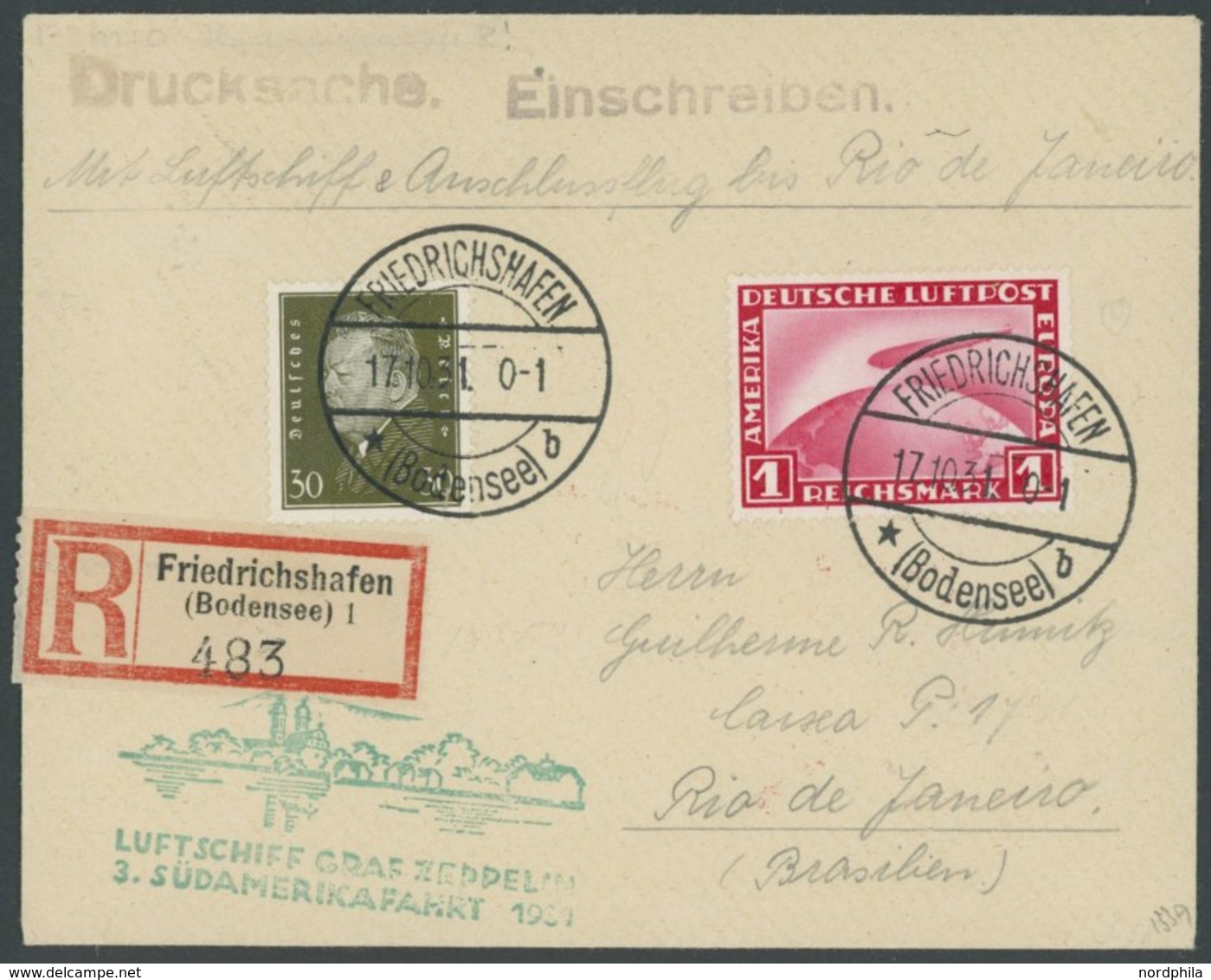ZEPPELINPOST 133Ba BRIEF, 1931, 3. Südamerikafahrt, Auflieferung Friedrichshafen Mit Rotem Werbestempel, Frankiert U.a.  - Airmail & Zeppelin