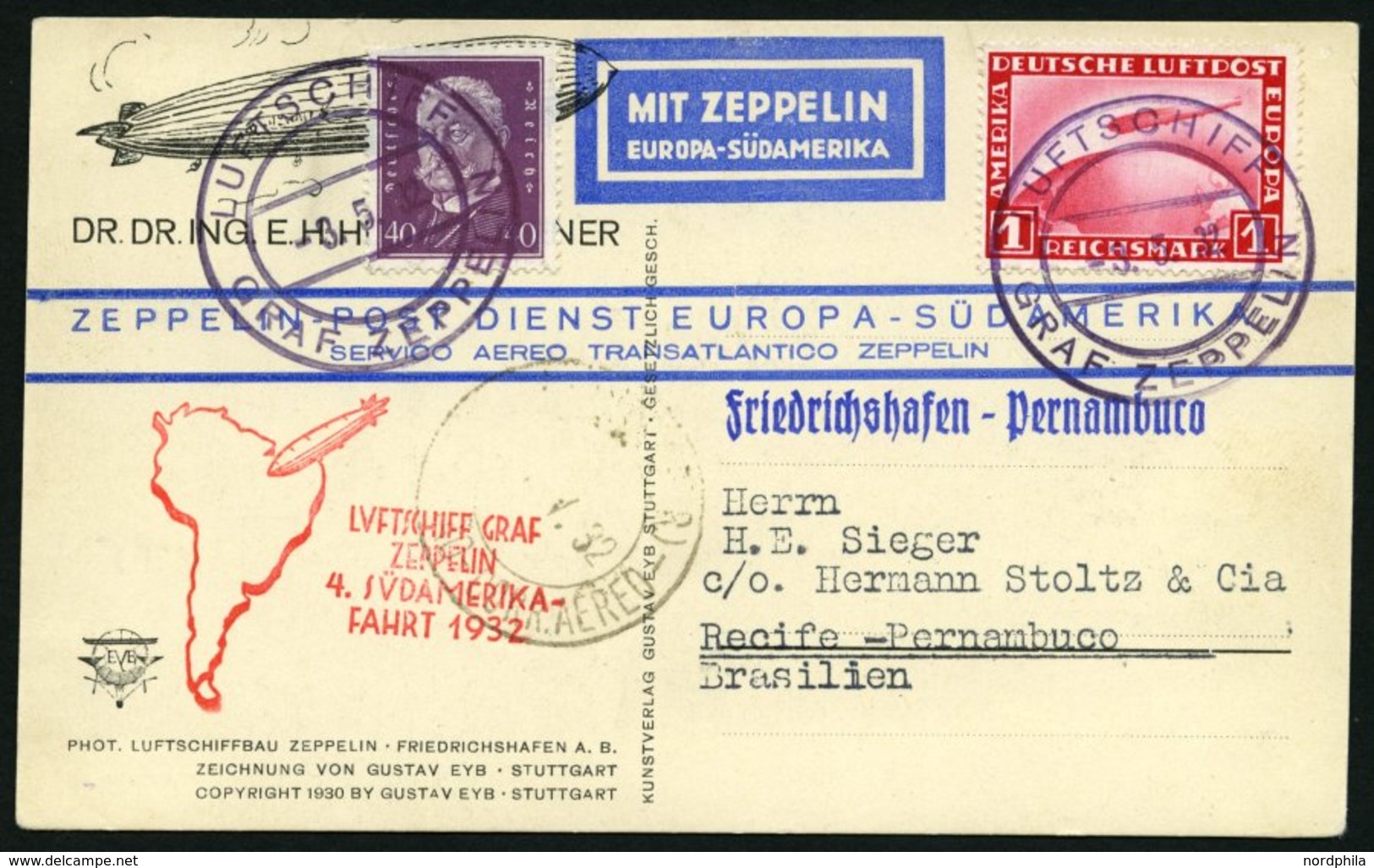 ZEPPELINPOST 157Ab BRIEF, 1932, 4. Südamerikafahrt, Bordpost Hinfahrt, Prachtkarte - Poste Aérienne & Zeppelin