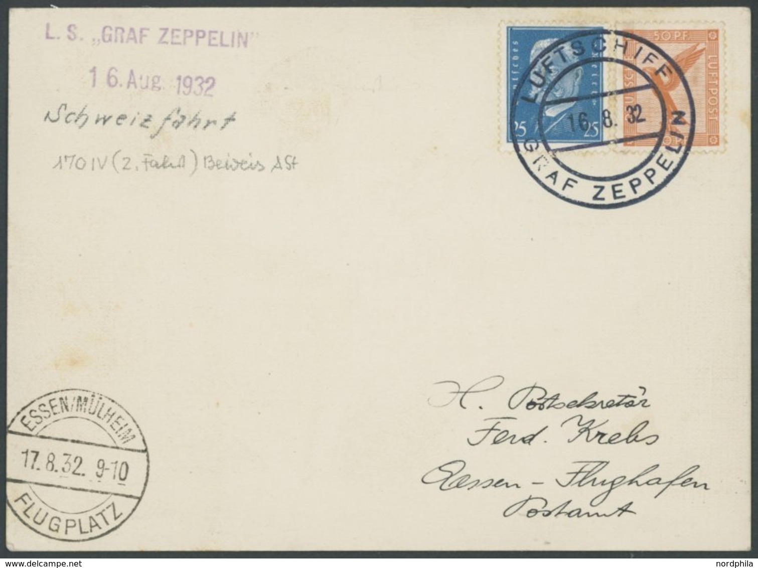 ZEPPELINPOST 170IV BRIEF, 16.8.1932, Kurzfahrt In Die Schweiz, Bordpost, Prachtkarte - Poste Aérienne & Zeppelin