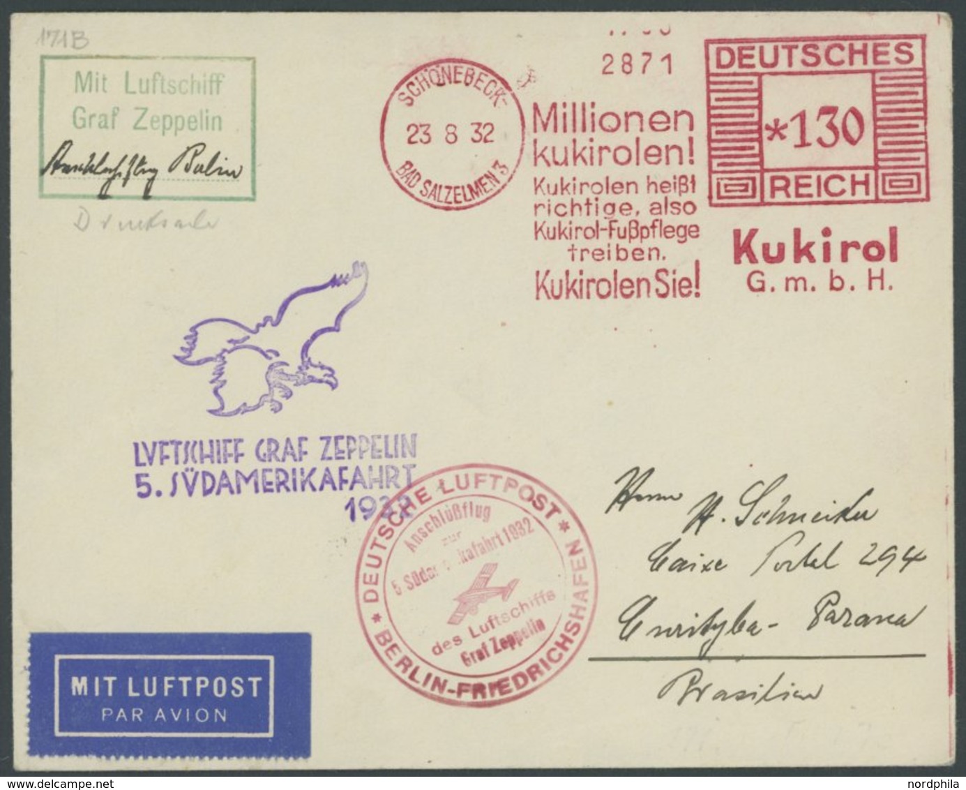 ZEPPELINPOST 171B BRIEF, 1932, 5. Südamerikafahrt, Anschlußflug Ab Berlin, Mit Freistempler, Prachtbrief, R!, Sieger Unb - Airmail & Zeppelin