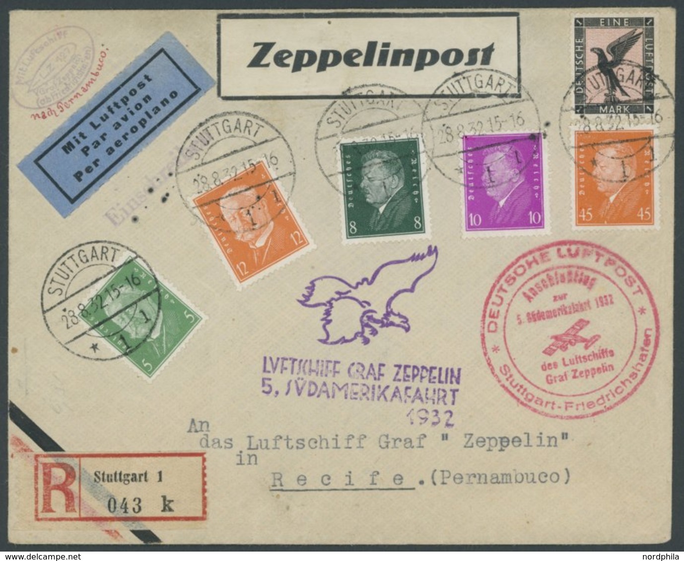 ZEPPELINPOST 171C BRIEF, 1932, 5. Südamerikafahrt, Anschlussflug Ab Stuttgart, Einschreibbrief, Pracht - Correo Aéreo & Zeppelin