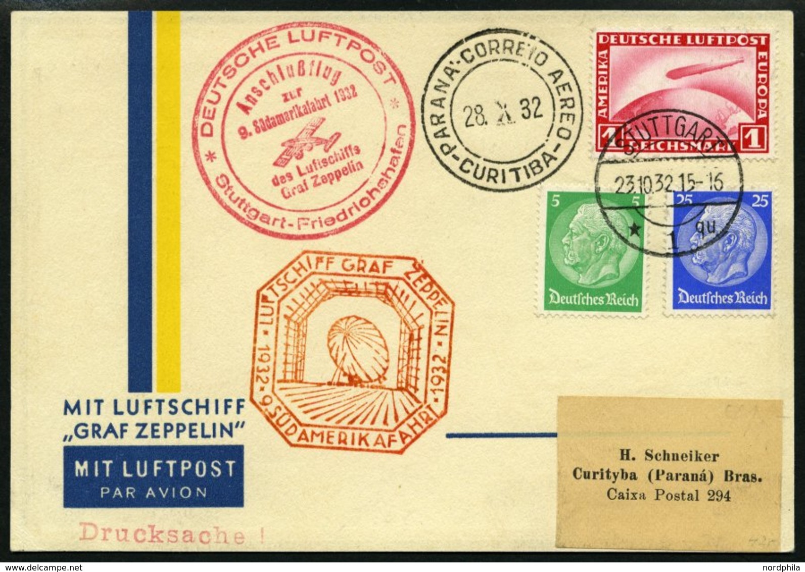 ZEPPELINPOST 195C BRIEF, 1932, 9. Südamerikafahrt, Anschlußflug Ab Berlin, Drucksache, Pracht - Poste Aérienne & Zeppelin