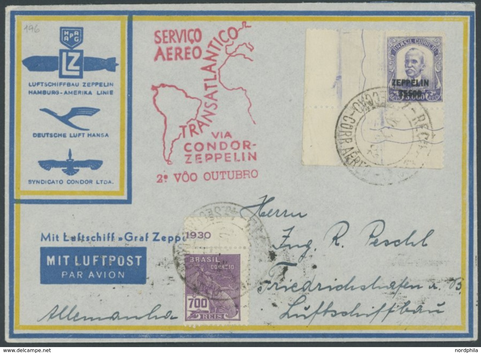 ZEPPELINPOST 196 BRIEF, 1932, 9. Südamerikafahrt, Brasil-Post, Prachtbrief - Correo Aéreo & Zeppelin