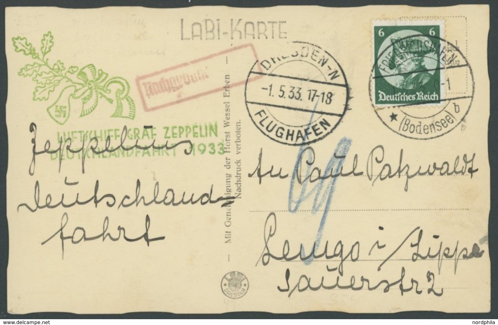 ZEPPELINPOST 201Aa BRIEF, 1933, Deutschlandfahrt, Auflieferung Friedrichshafen, Abwurf Dresden, Ansichtskarte Horst Wess - Poste Aérienne & Zeppelin