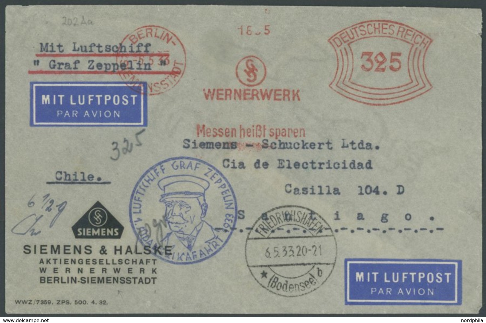 ZEPPELINPOST 202Aa BRIEF, 1933, 1. Südamerikafahrt, Auflieferung Friedrichshafen, Firmenbrief Siemens & Halske, Mit Blau - Correo Aéreo & Zeppelin