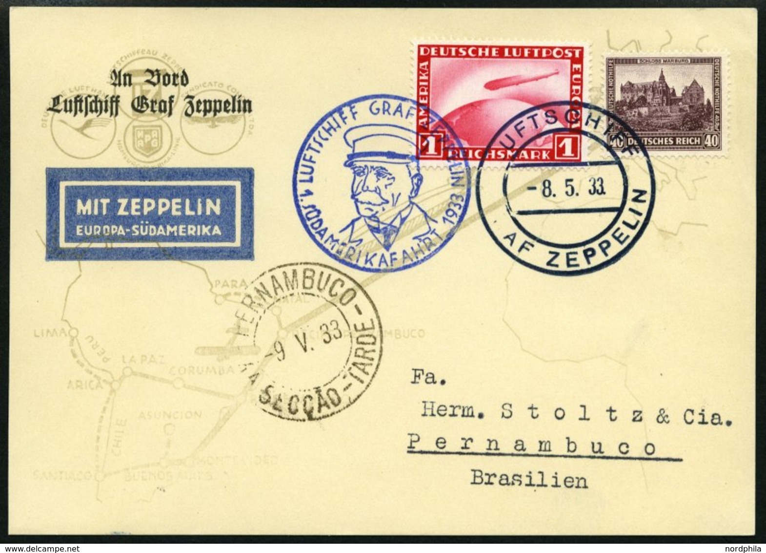 ZEPPELINPOST 202Ab BRIEF, 1933, 1. Südamerikafahrt, Bordpost Hinfahrt, Frankiert Mit Mi.Nr. 455 Und 478, Prachtkarte - Poste Aérienne & Zeppelin