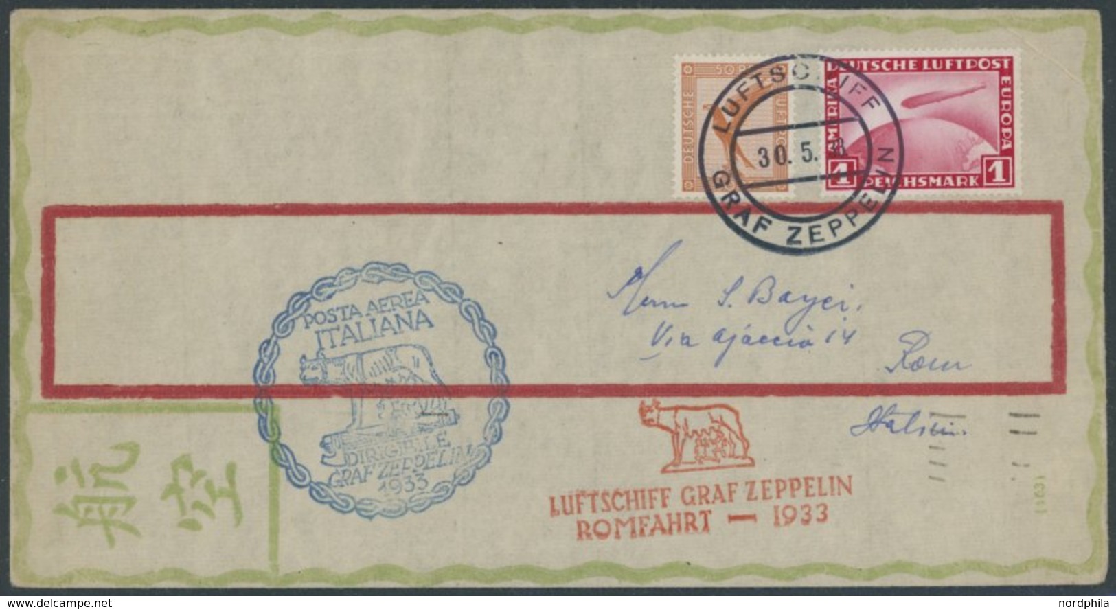 ZEPPELINPOST 207E BRIEF, 1933, Italienfahrt, Bordpost Der Rückfahrt, Mit Deutschem Und Italienischem Sonderbestätigungss - Poste Aérienne & Zeppelin