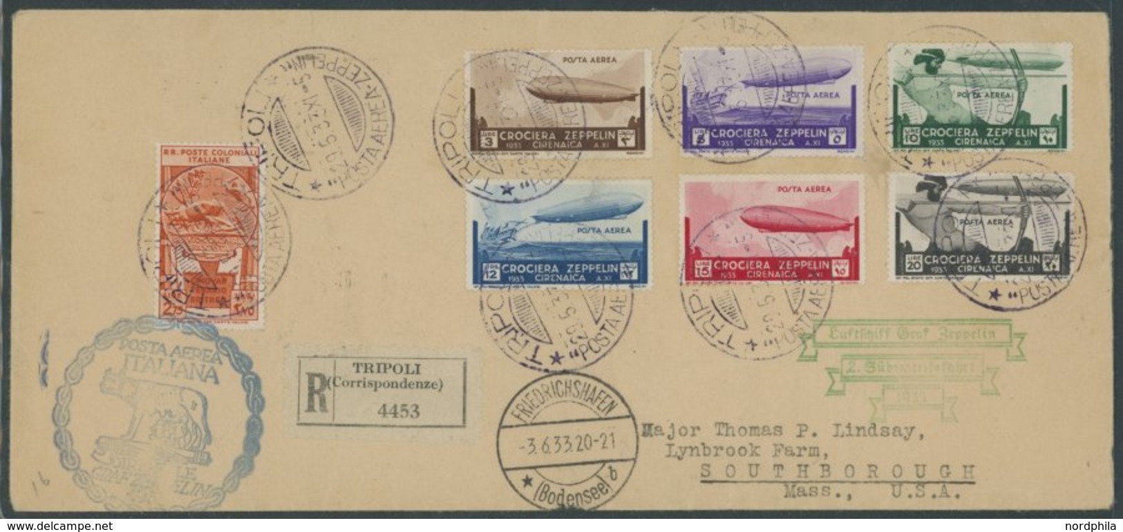 ZEPPELINPOST 212O BRIEF, 1933, Italienfahrt, Cyrenaica Post Mit Komplettem Satz, Einschreiben Ab Tripoli, Transit Rom 30 - Airmail & Zeppelin