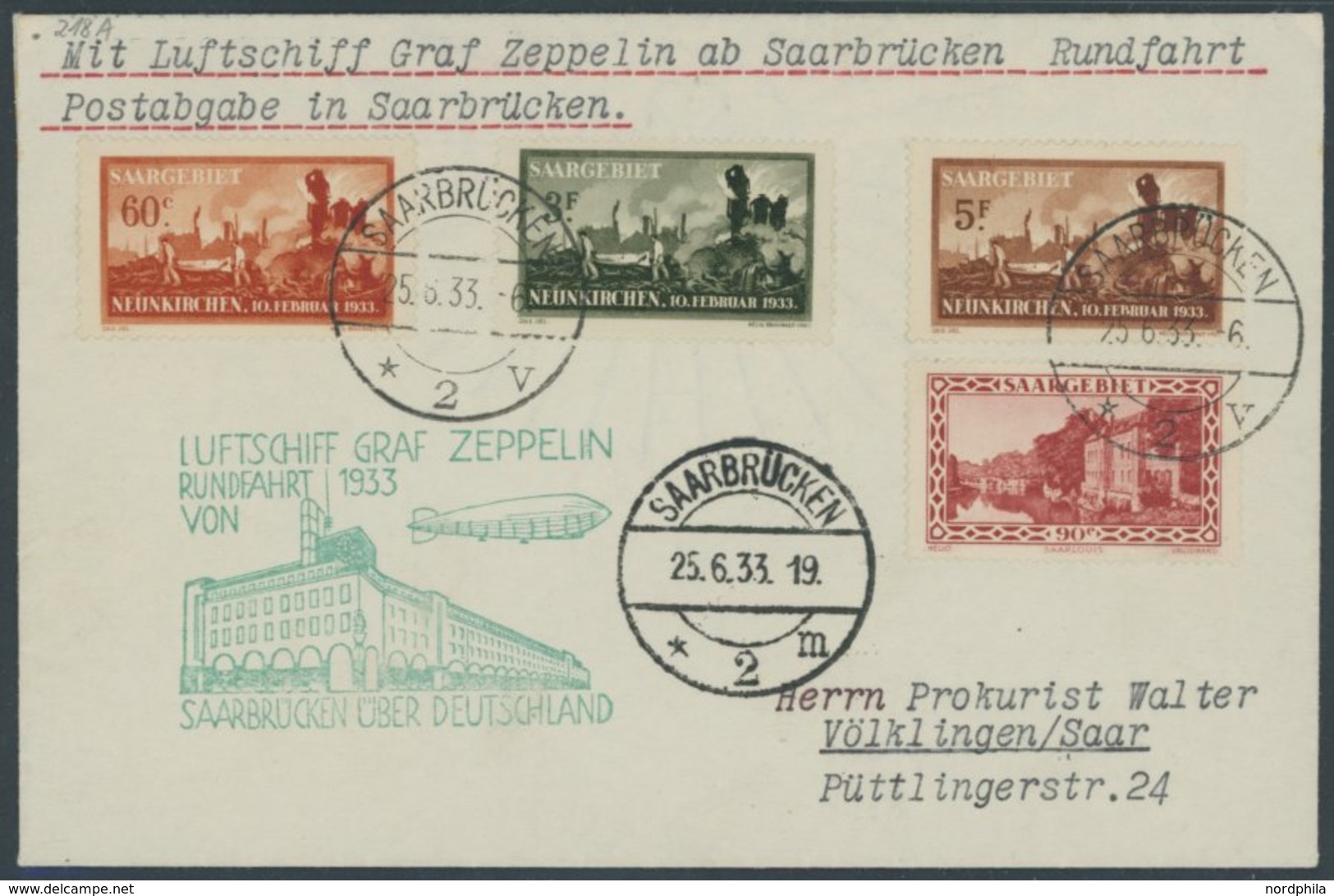 ZEPPELINPOST 218A BRIEF, 1933, Saargebietsfahrt, Saargebiets-Post, Rundfahrt, Prachtbrief - Poste Aérienne & Zeppelin