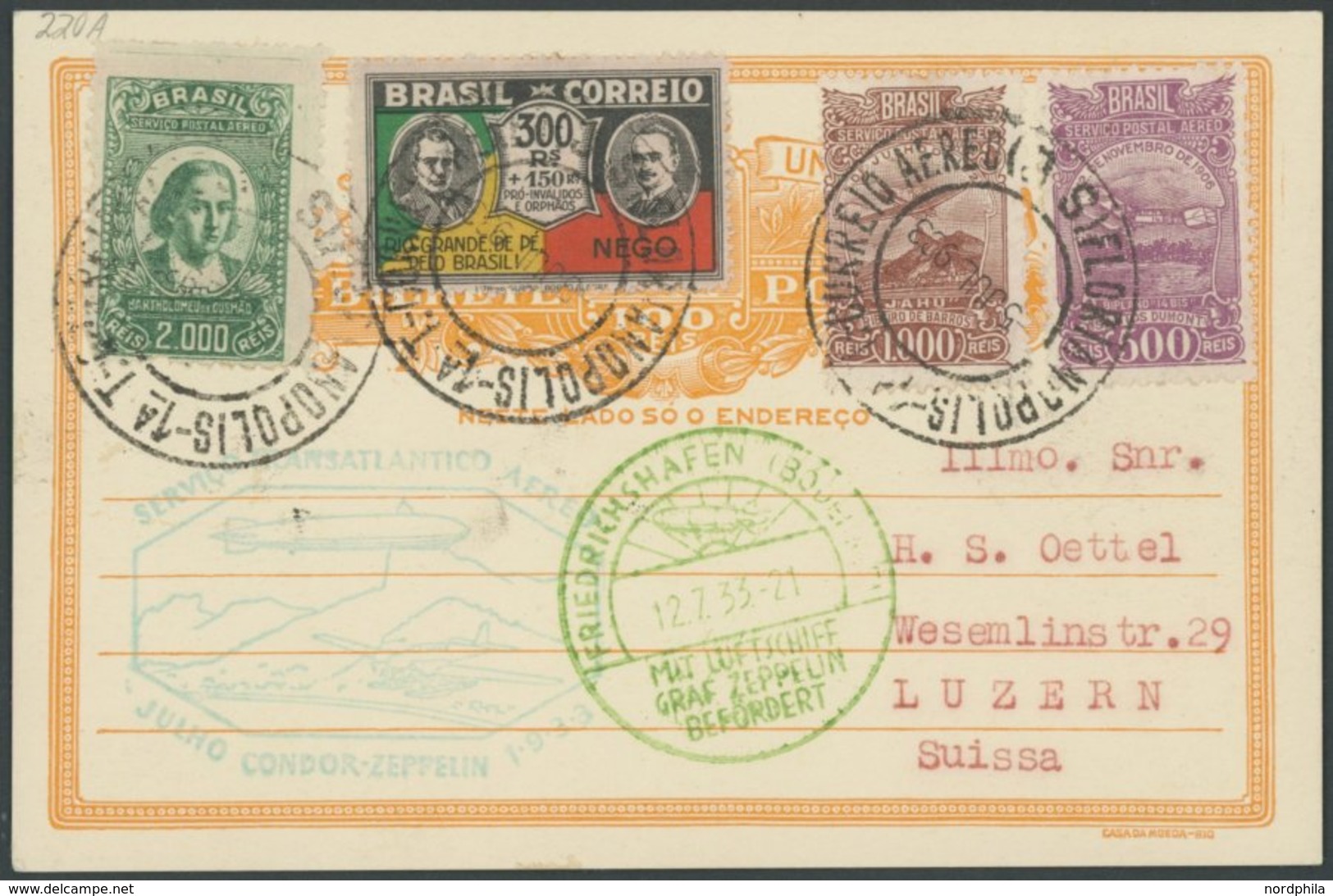 ZEPPELINPOST 220A BRIEF, 1933, 3. Südamerikafahrt, Brasil. Post, Prachtkarte, Gepr. Dr. Simon - Correo Aéreo & Zeppelin