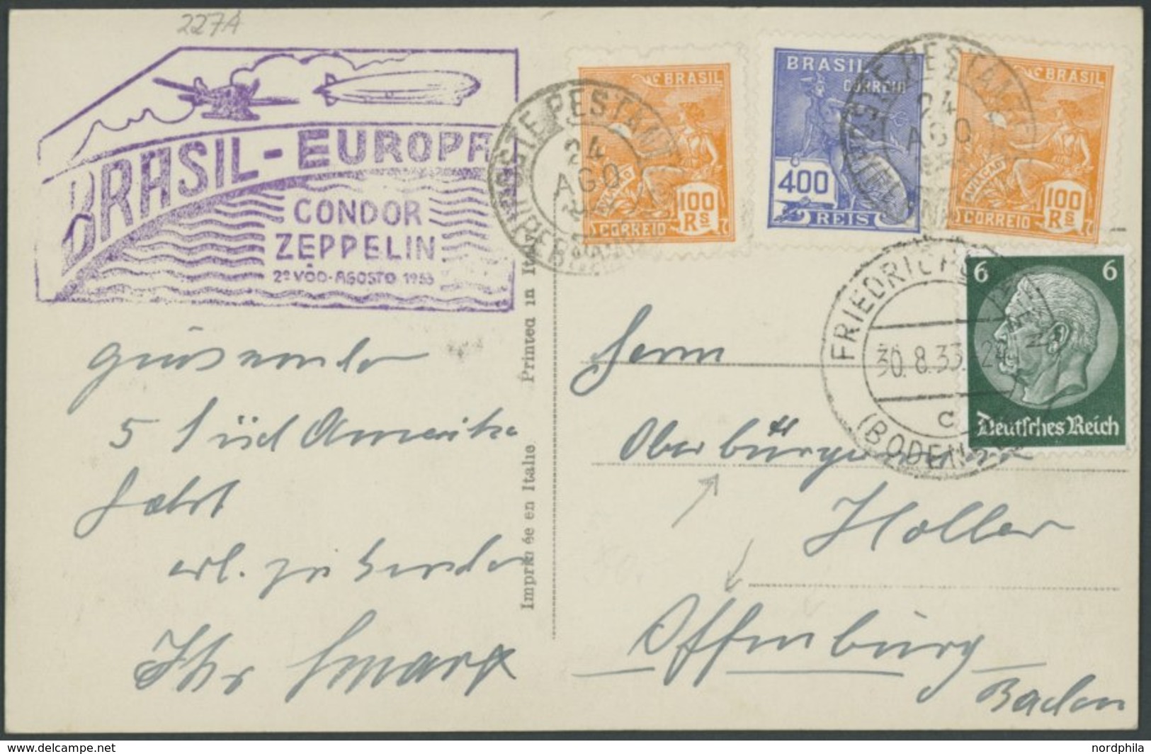 ZEPPELINPOST 227A BRIEF, 1933, 5. Südamerikafahrt, Mit Deutscher Zusatzfrankatur, Prachtkarte - Airmail & Zeppelin