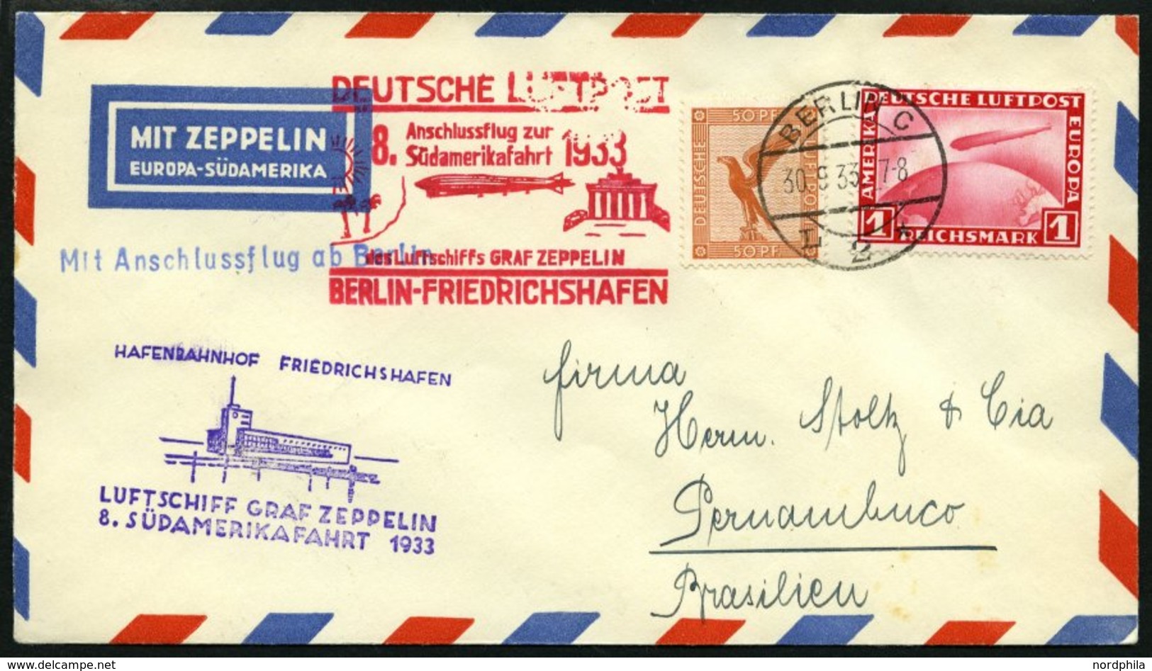 ZEPPELINPOST 235Ab BRIEF, 1933, 8. Südamerikafahrt, Bordpost Hinfahrt, Prachtbrief - Correo Aéreo & Zeppelin