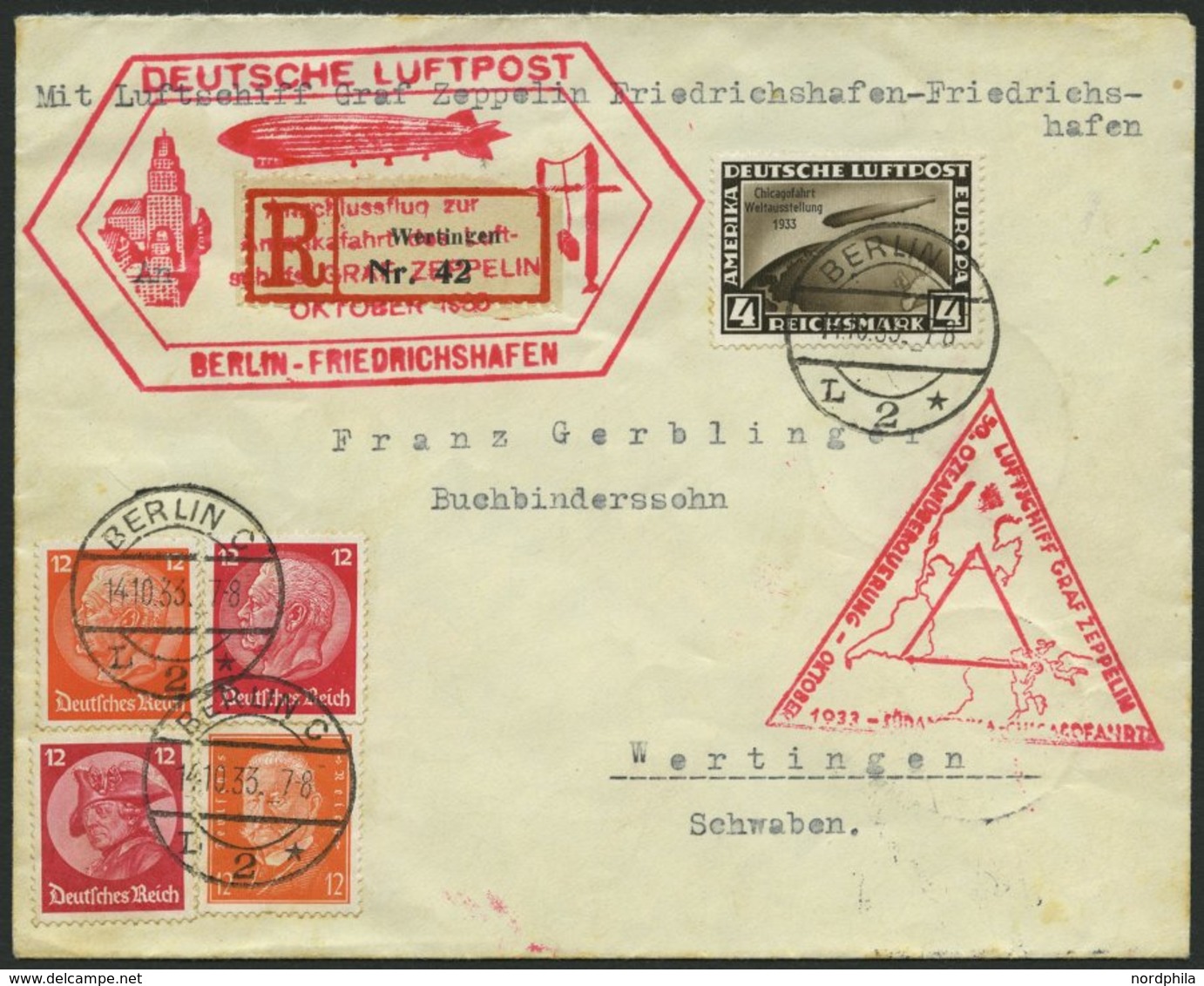 ZEPPELINPOST 238E BRIEF, 1933, Chicagofahrt, Anschlußflug Ab Berlin, Frankiert Mit 4 RM Auf Einschreibbrief, Mit Zusatzf - Posta Aerea & Zeppelin