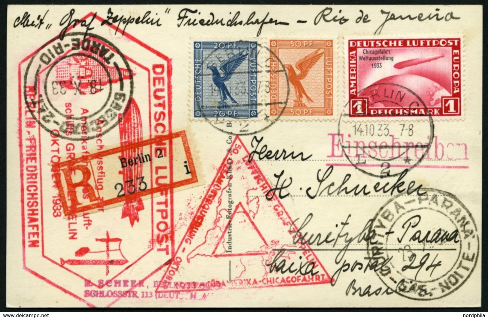 ZEPPELINPOST 238E BRIEF, 1933, Chicagofahrt, Anschlussflug Ab Berlin, Einschreibkarte Mit 1 RM Chicagofahrt, Pracht - Airmail & Zeppelin