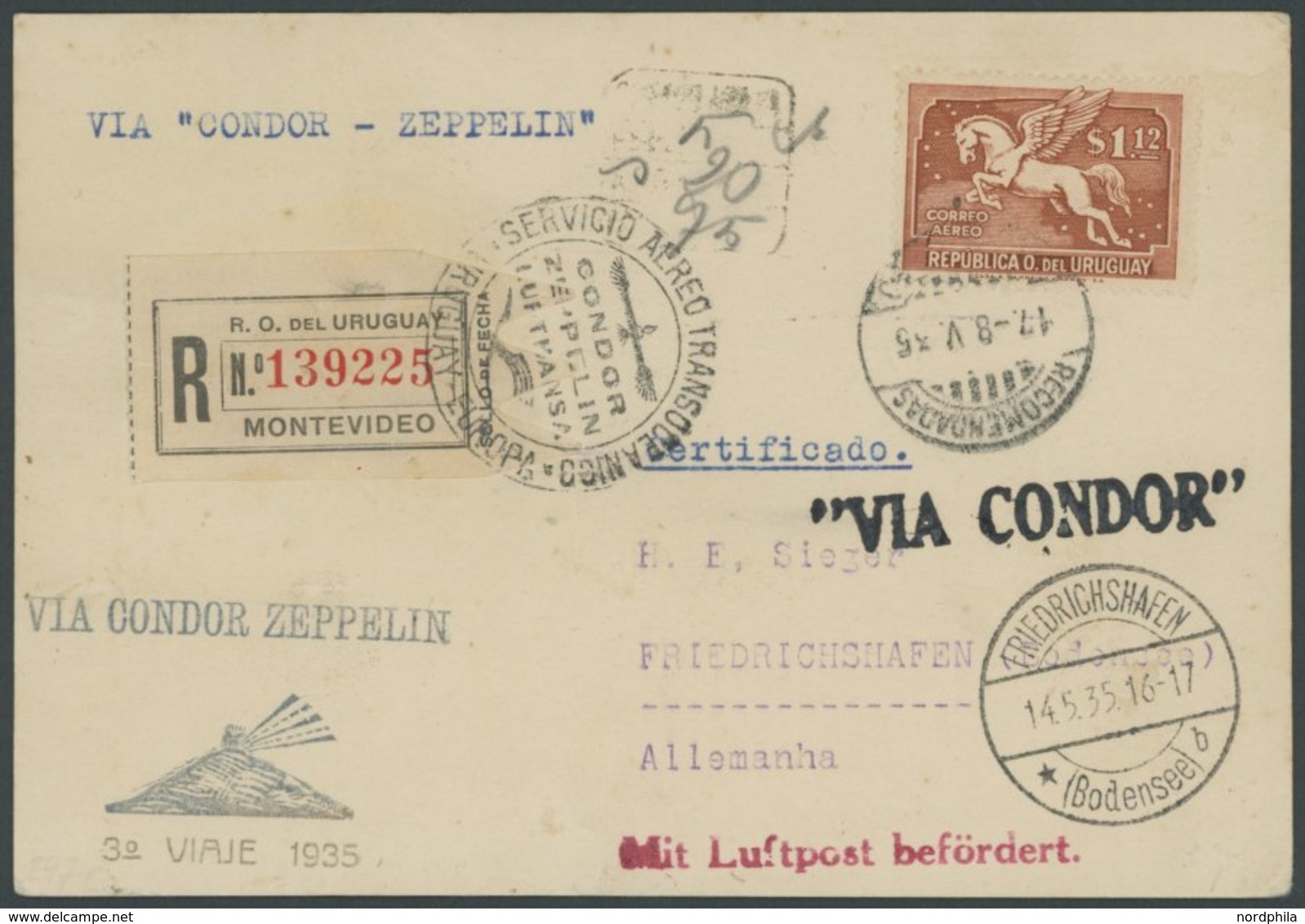 ZEPPELINPOST 297Ca BRIEF, 1935, 3. Südamerikafahrt, Uruguayische Post, Mit Agenturstempel Berg Mit Leuchtturm, Einschrei - Airmail & Zeppelin