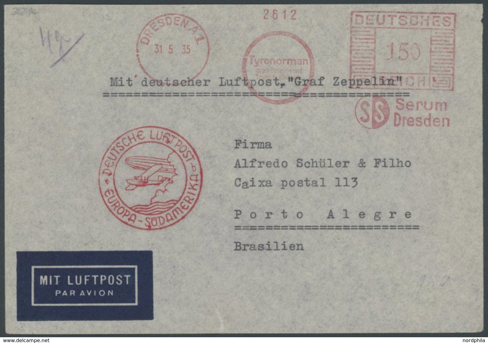 ZEPPELINPOST 302Aa BRIEF, 1935, 5. Südamerikafahrt, Auflieferung Friedrichshafen, Stempel B, Maschinenstempel Dresden/Se - Correo Aéreo & Zeppelin