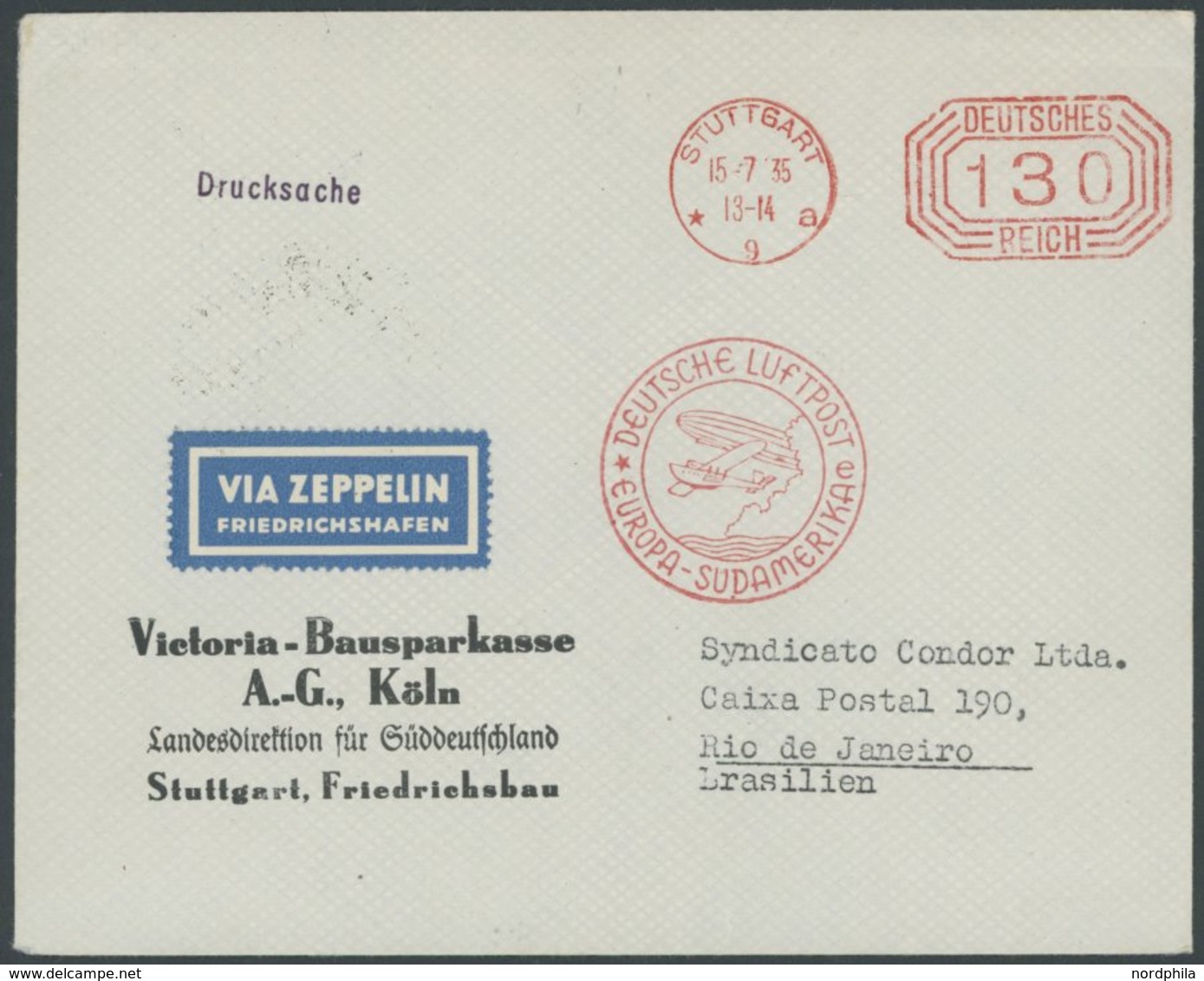 ZEPPELINPOST 311B BRIEF, 1935, 8. Südamerikafahrt, Drucksache, Stempel B, Firmenbrief Der Victoria-Bausparkasse Mit Masc - Correo Aéreo & Zeppelin