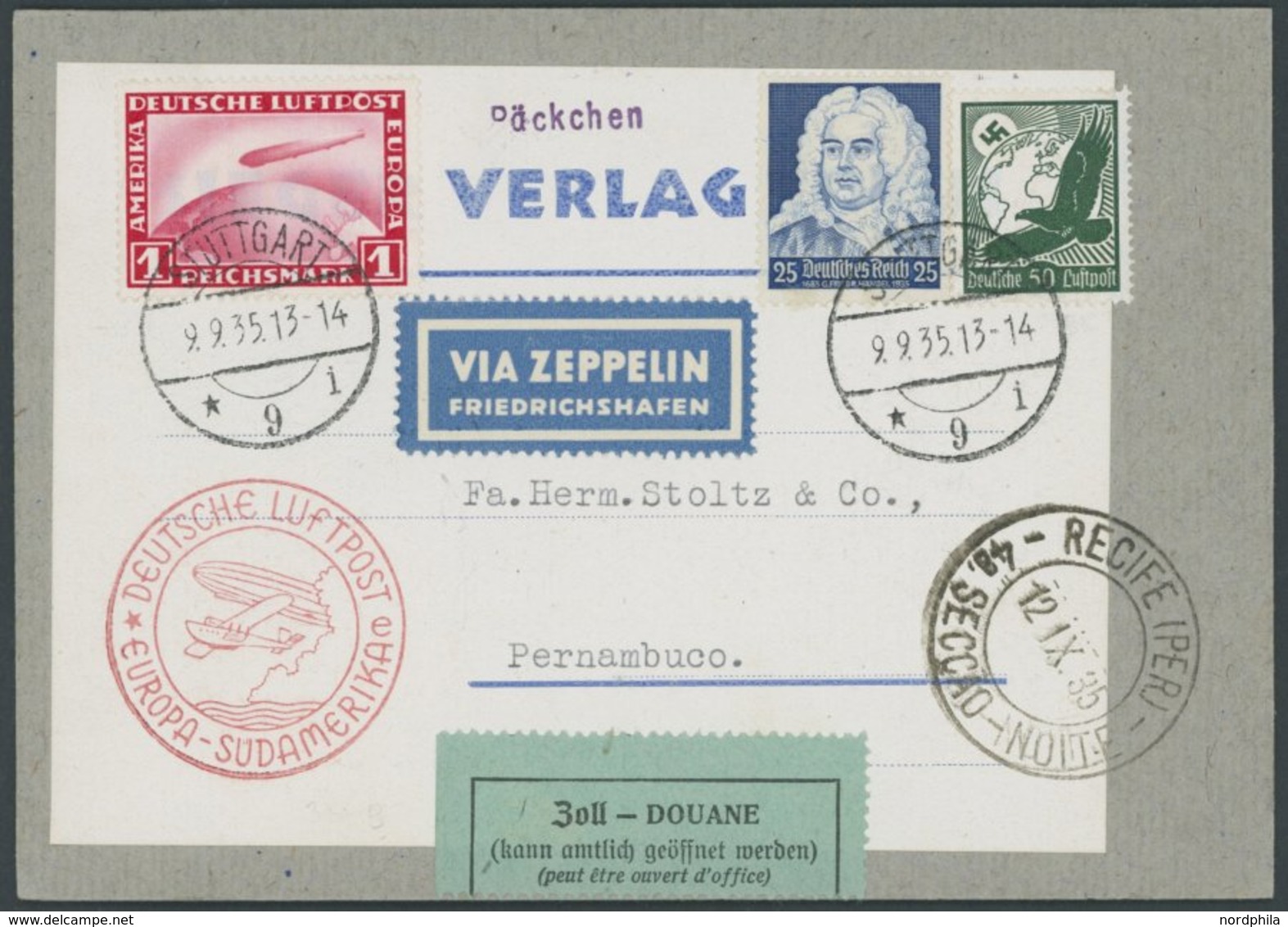 ZEPPELINPOST 319B BRIEF, 1935, 12. Südamerikafahrt, Päckchenadresse Mit U.a. Mi.Nr. 455 Sowie Zollaufkleber, Pracht, Nur - Correo Aéreo & Zeppelin