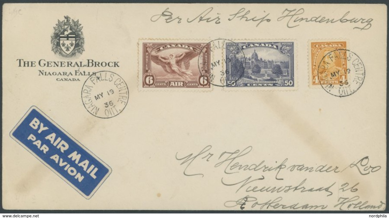 ZEPPELINPOST 411C BRIEF, 1936, 2. Nordamerikafahrt, Kanada Post, Privater Hotelbrief Nach Rotterdam, Feinst - Airmail & Zeppelin