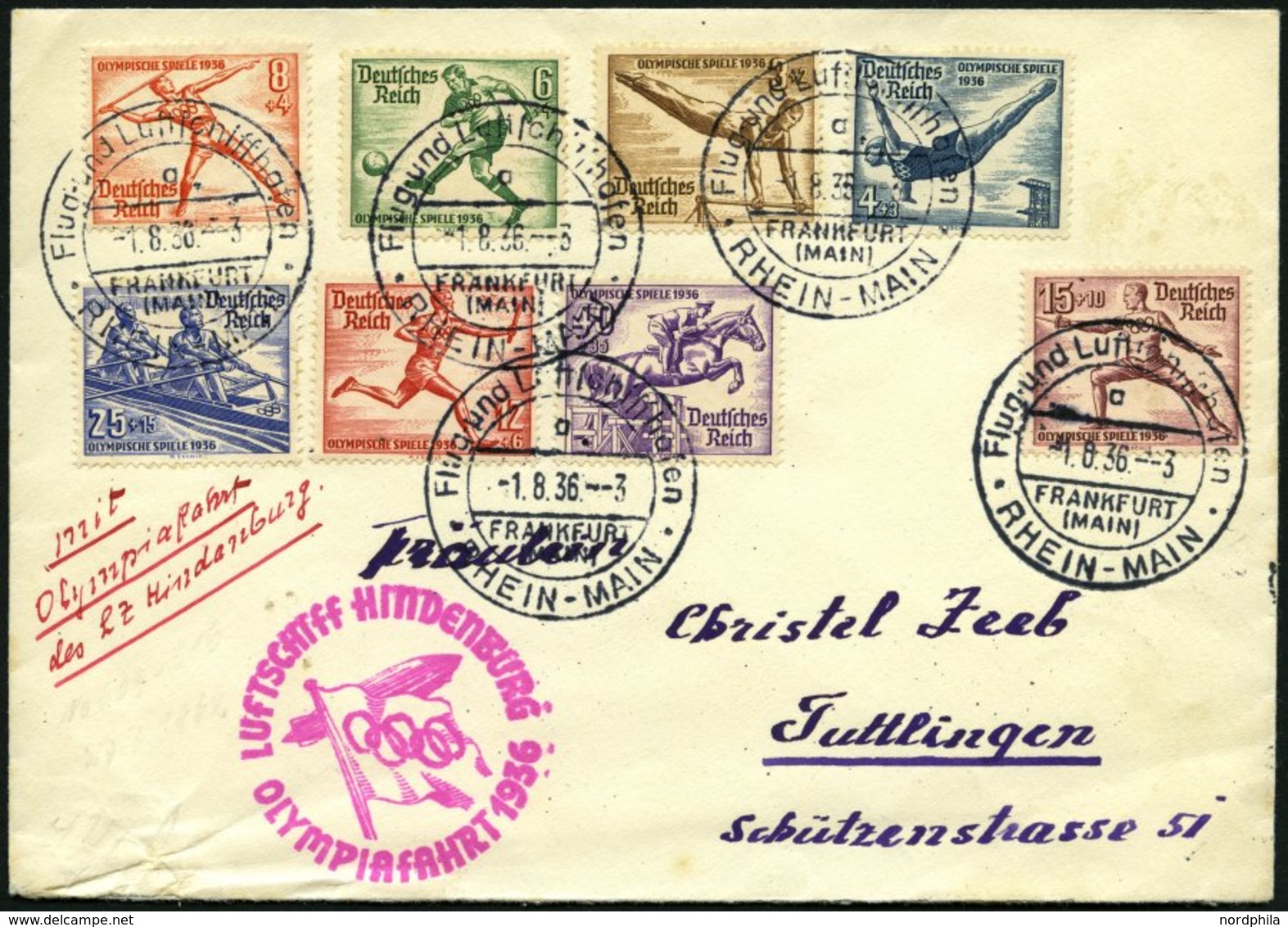 ZEPPELINPOST 427Bb BRIEF, 1936, Olympiafahrt, Auflieferung Rhein-Main-Flughafen, Frankiert Mit Komplettem Olympia-Satz,  - Poste Aérienne & Zeppelin