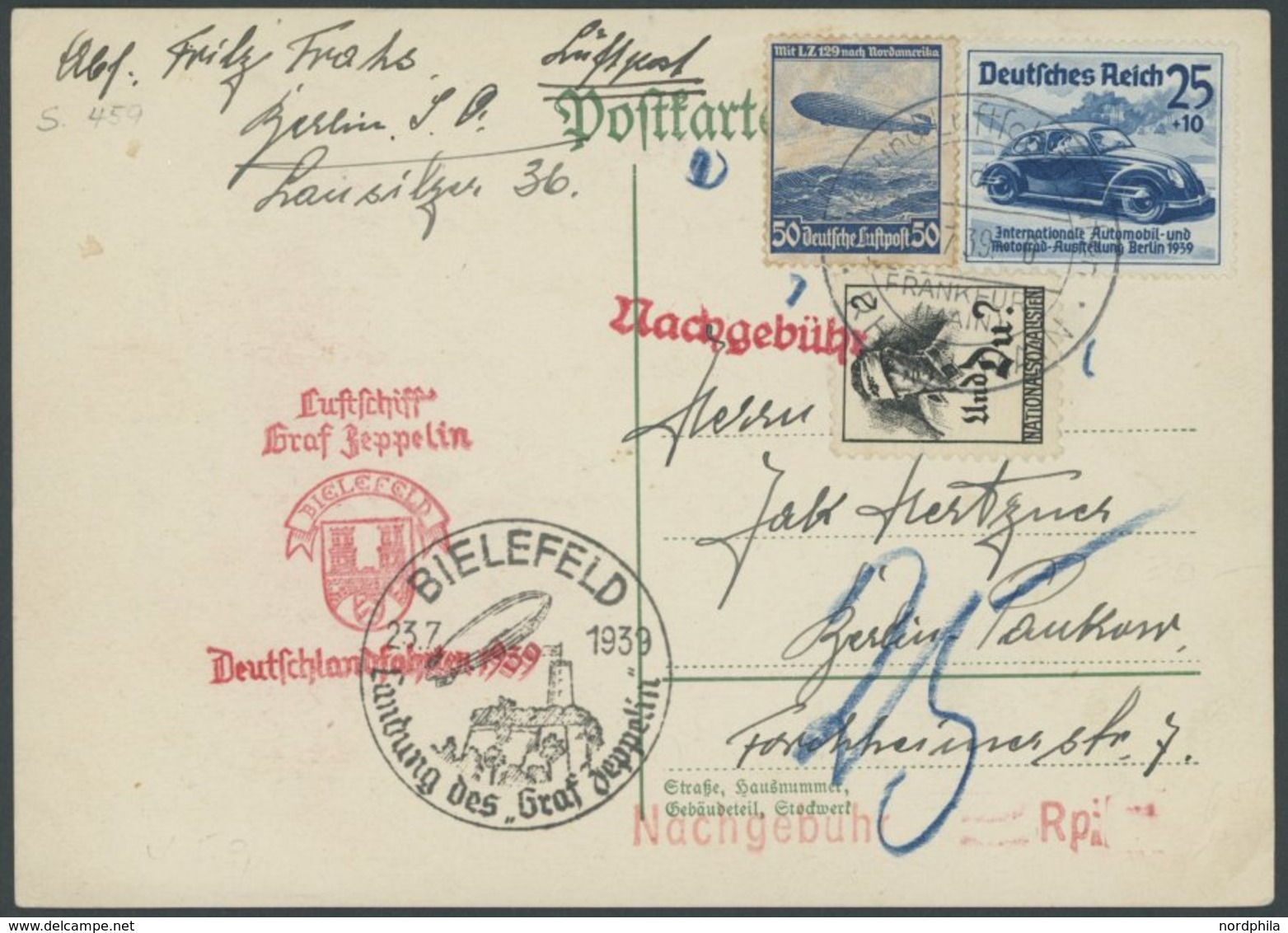 ZEPPELINPOST 459 BRIEF, 1939, Fahrt Nach Bielefeld, Prachtkarte Mit Nationalspenden-Vignette Und Nachgebühr - Airmail & Zeppelin
