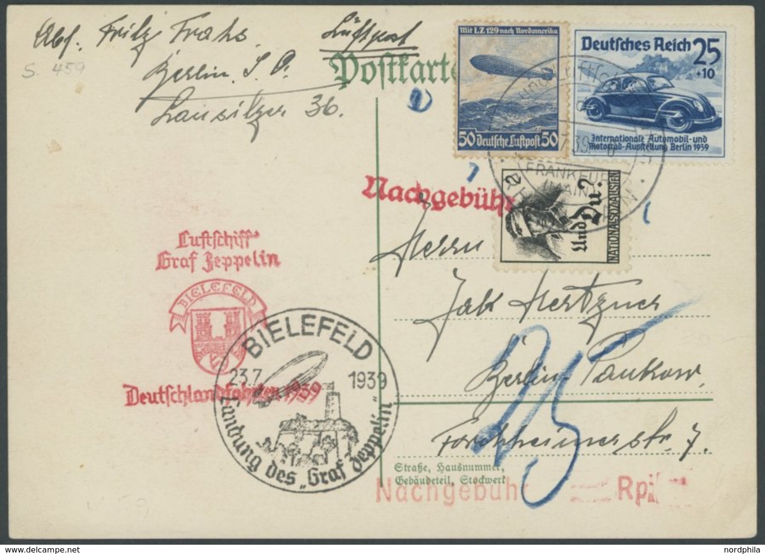 ZEPPELINPOST 459 BRIEF, 1939, Fahrt Nach Bielefeld, Prachtkarte Mit Nationalspenden-Vignette Und Nachgebühr - Correo Aéreo & Zeppelin