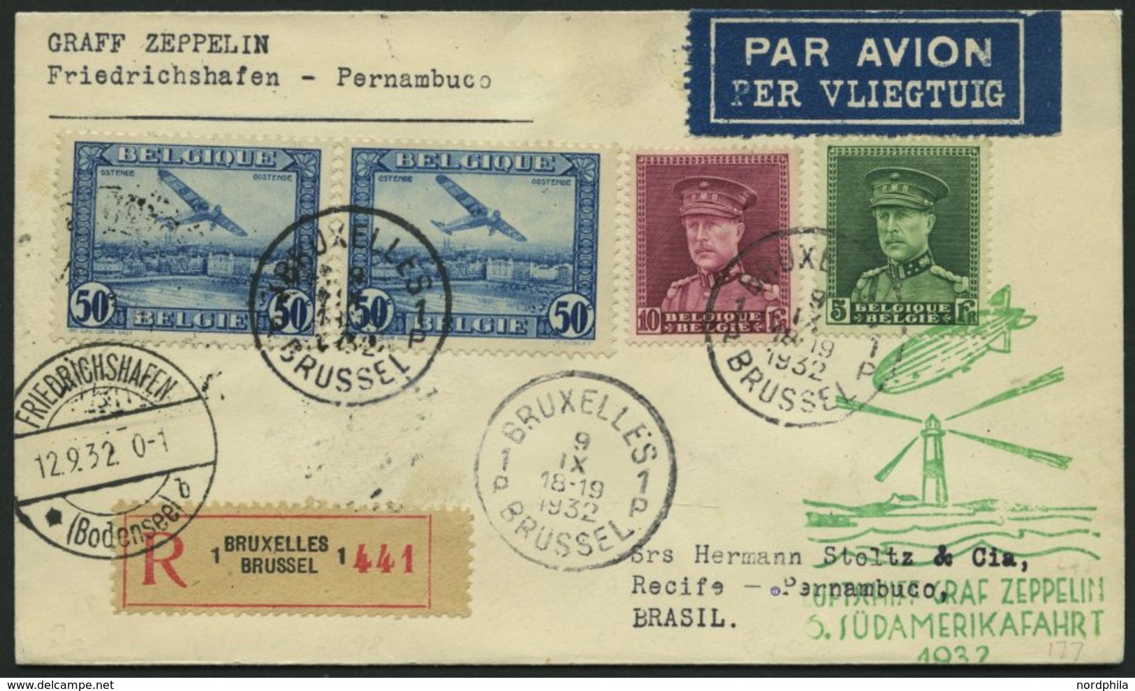 ZULEITUNGSPOST 177 BRIEF, Belgien: 1932, 6. Südamerikafahrt, Einschreibbrief, Pracht - Airmail & Zeppelin