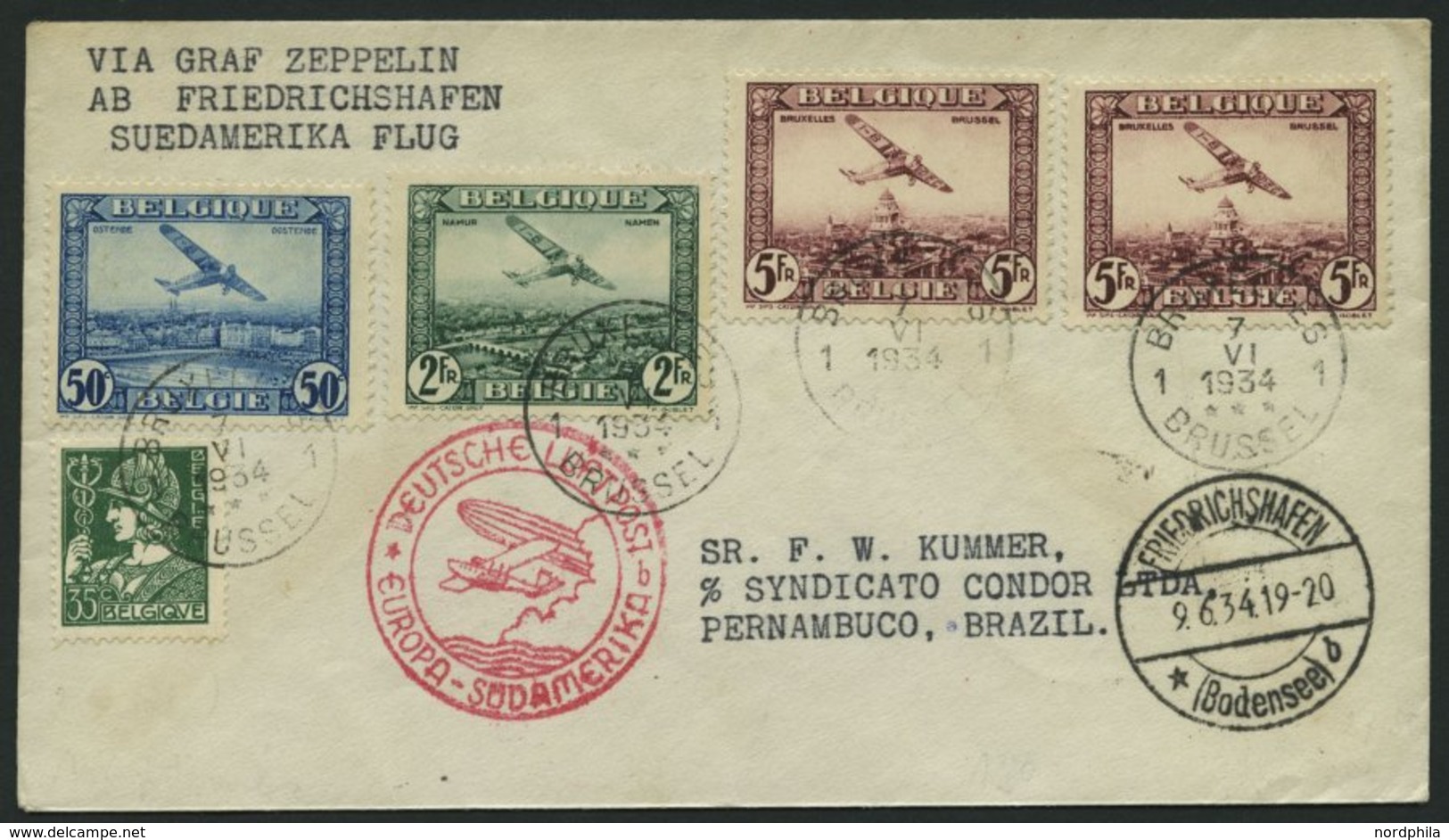 ZULEITUNGSPOST 250 BRIEF, Belgien: 1934, 2. Südamerikafahrt, Prachtbrief - Correo Aéreo & Zeppelin