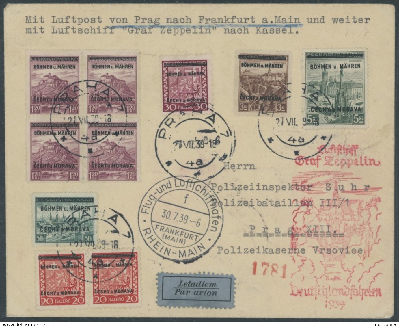 ZULEITUNGSPOST 460 BRIEF, Böhmen Und Mähren: 1939, Fahrt Nach Kassel, Einschreibbrief Mit 10 Marken, Pracht - Posta Aerea & Zeppelin