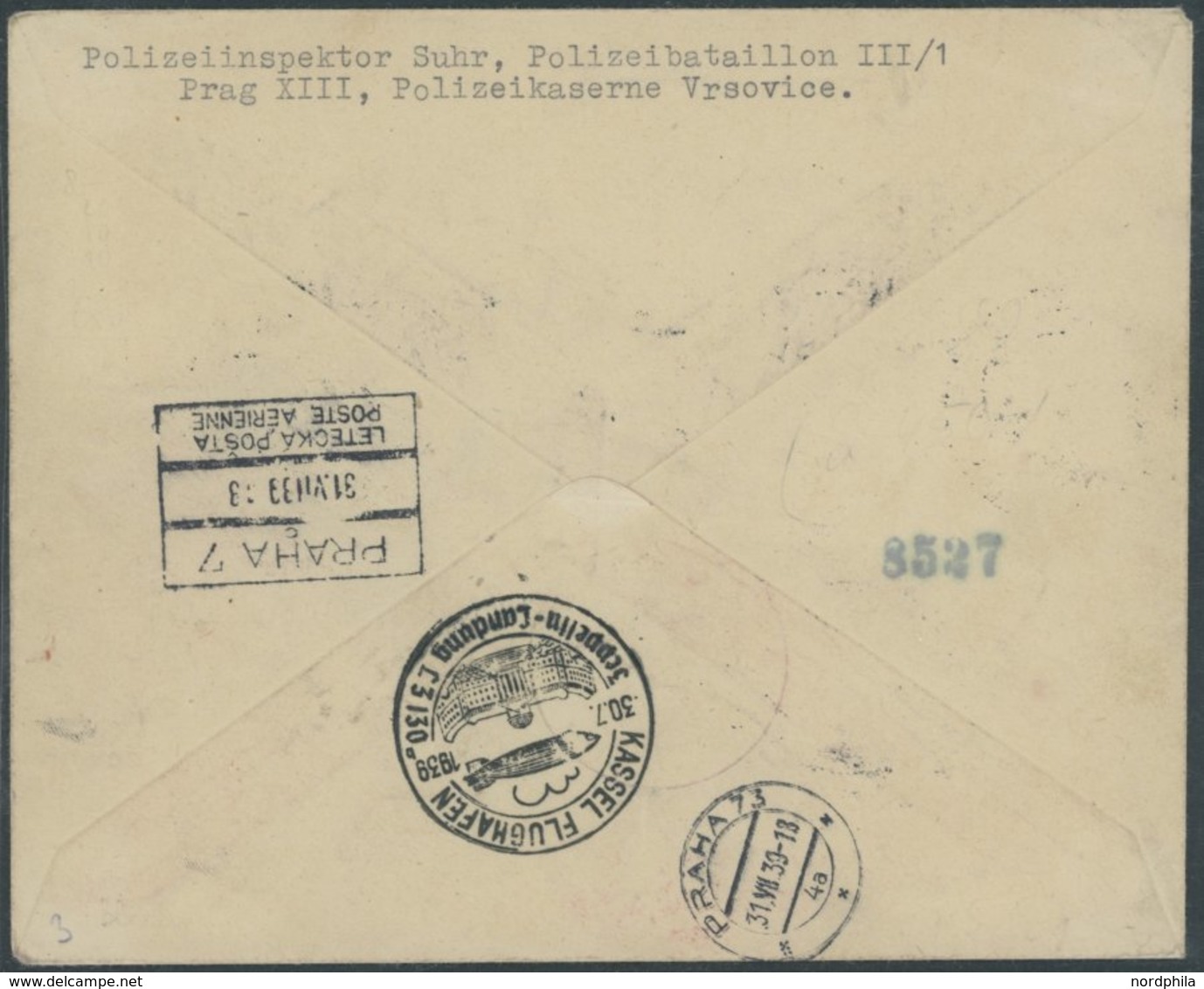 ZULEITUNGSPOST 460 BRIEF, Böhmen Und Mähren: 1939, Fahrt Nach Kassel, Einschreibbrief Mit 10 Marken, Pracht - Poste Aérienne & Zeppelin