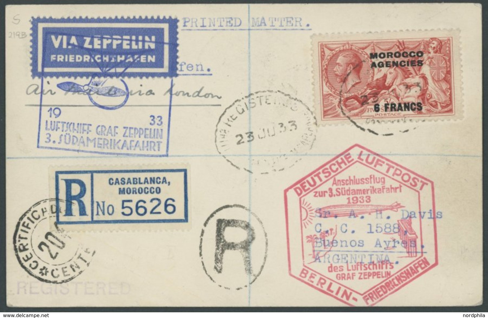 ZULEITUNGSPOST 219B BRIEF, Britische Post In Marokko (Französische Zone): 1933, 3. Südamerikafahrt, Anschlussflug Ab Ber - Airmail & Zeppelin