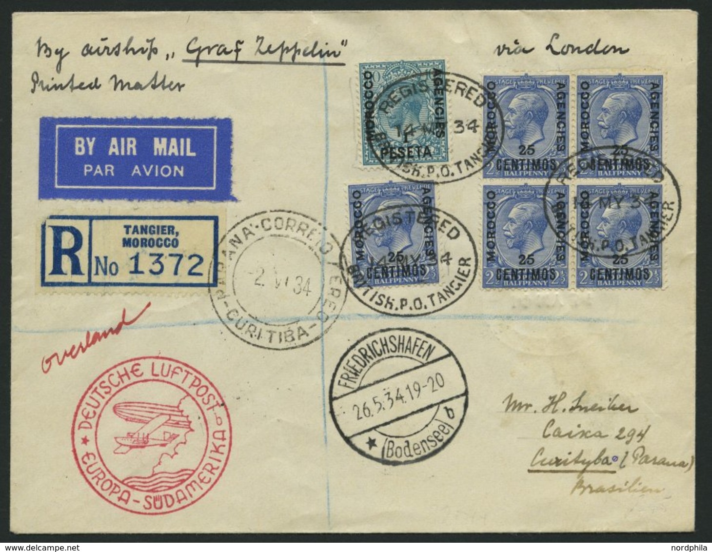 ZULEITUNGSPOST 247 BRIEF, Britische Post In Marokko (Tanger): 1934, 1. Südamerikafahrt, Einschreib-Drucksache Aus Tanger - Airmail & Zeppelin