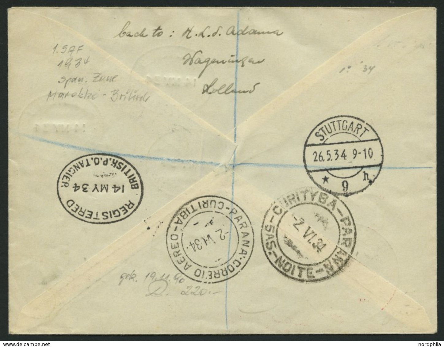 ZULEITUNGSPOST 247 BRIEF, Britische Post In Marokko (Tanger): 1934, 1. Südamerikafahrt, Einschreib-Drucksache Aus Tanger - Posta Aerea & Zeppelin