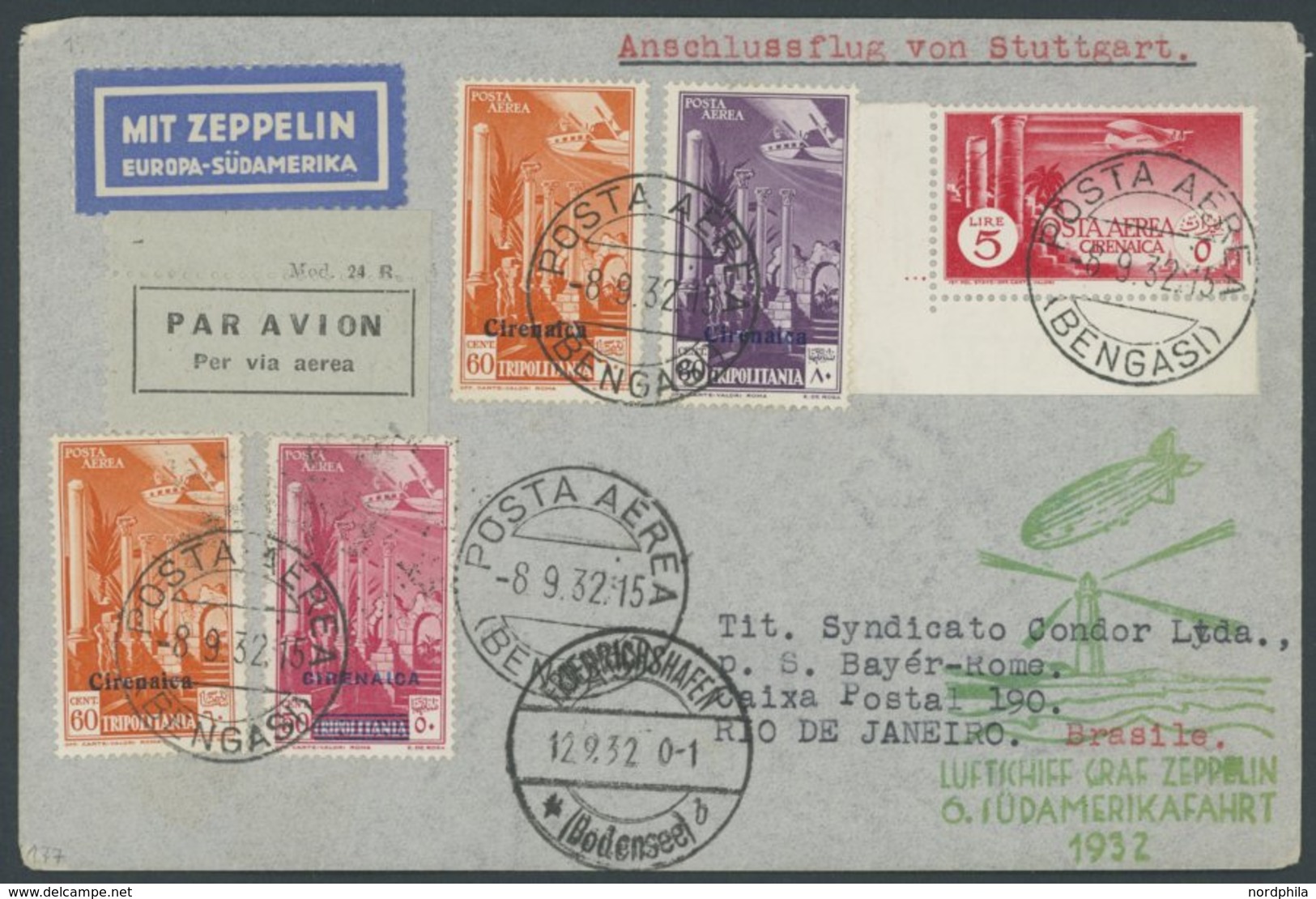ZULEITUNGSPOST 177 BRIEF, Cyrenaica: 1932, 6. Südamerikafahrt, Prachtbrief - Poste Aérienne & Zeppelin