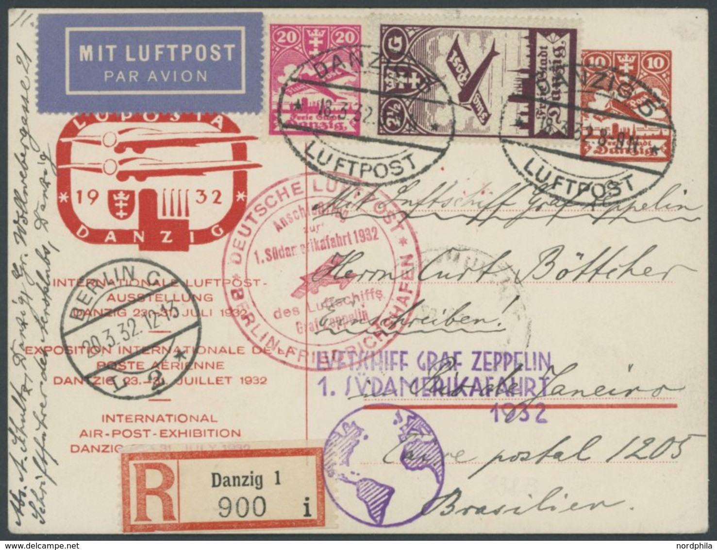 ZULEITUNGSPOST 138B BRIEF, Danzig: 1932, 1. Südamerikafahrt, Anschlußflug Ab Berlin, 10 Pf. Ganzsachenkarte Mit Zusatzfr - Airmail & Zeppelin